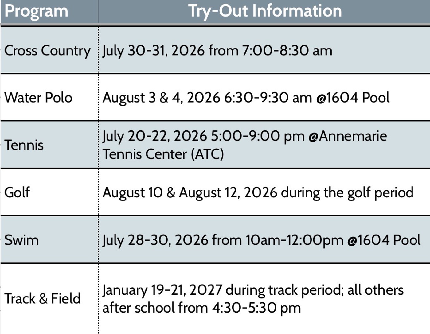 Sports tryouts schedule