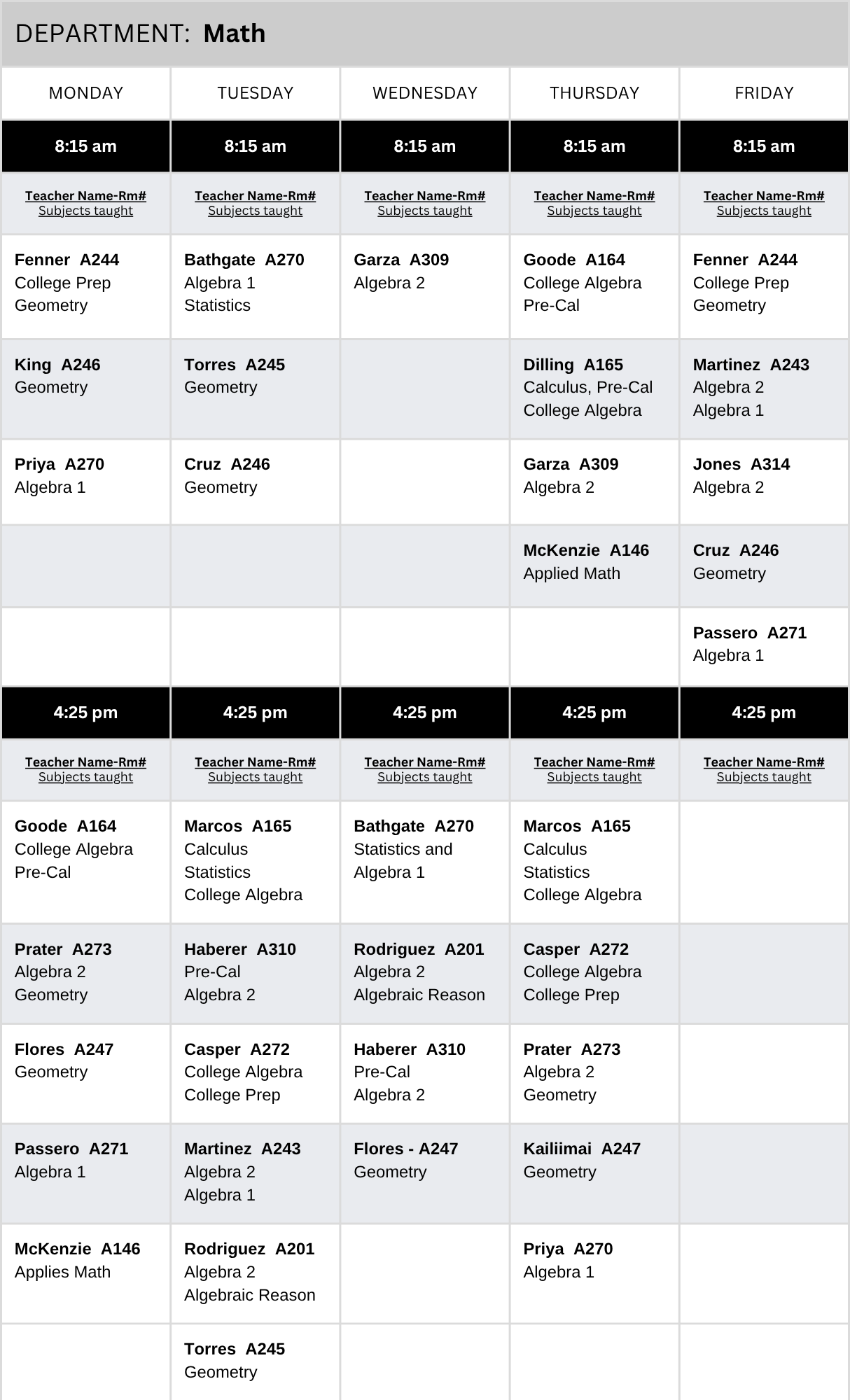 Math Tutoring Schedule