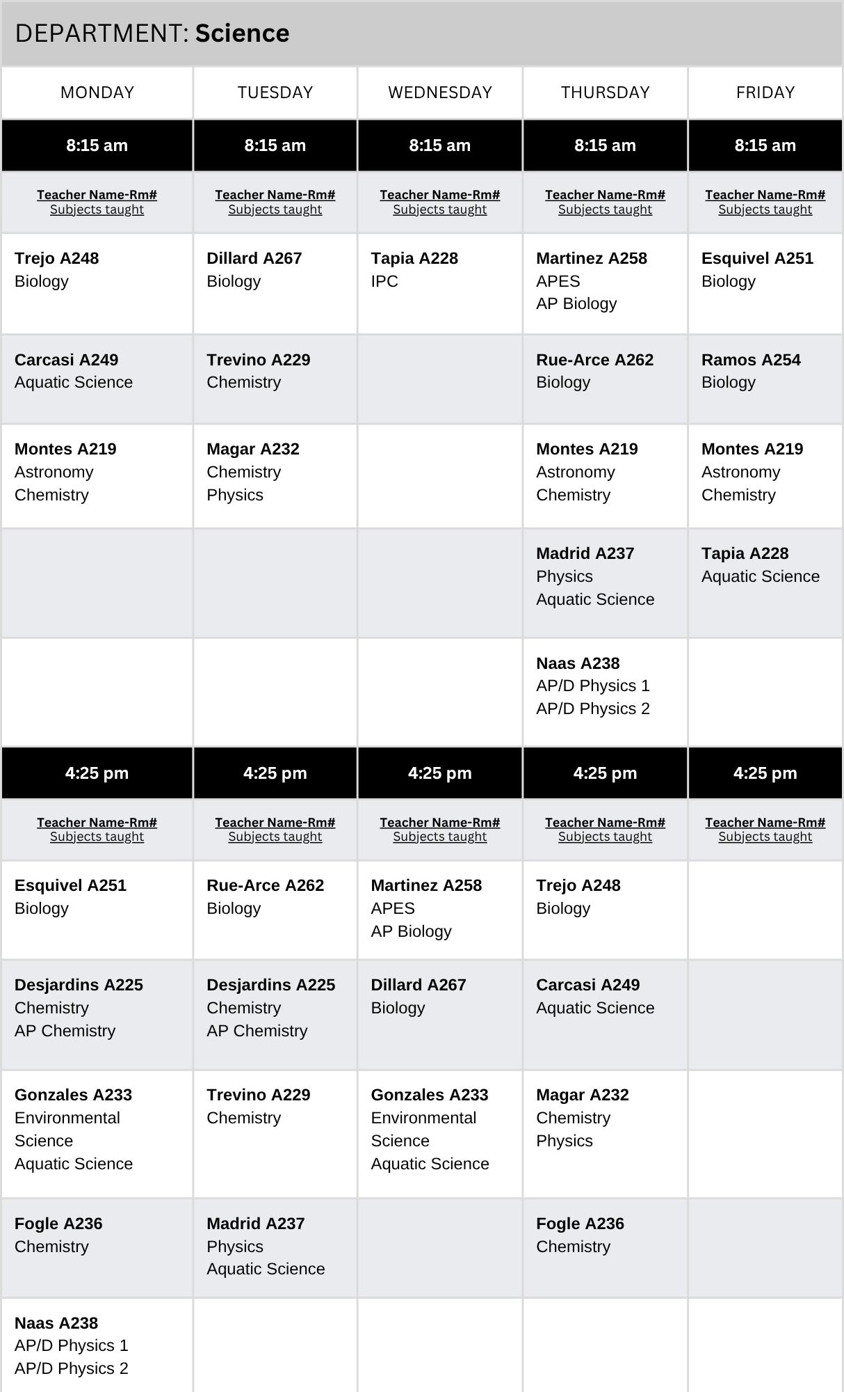 Science Tutoring Schedule