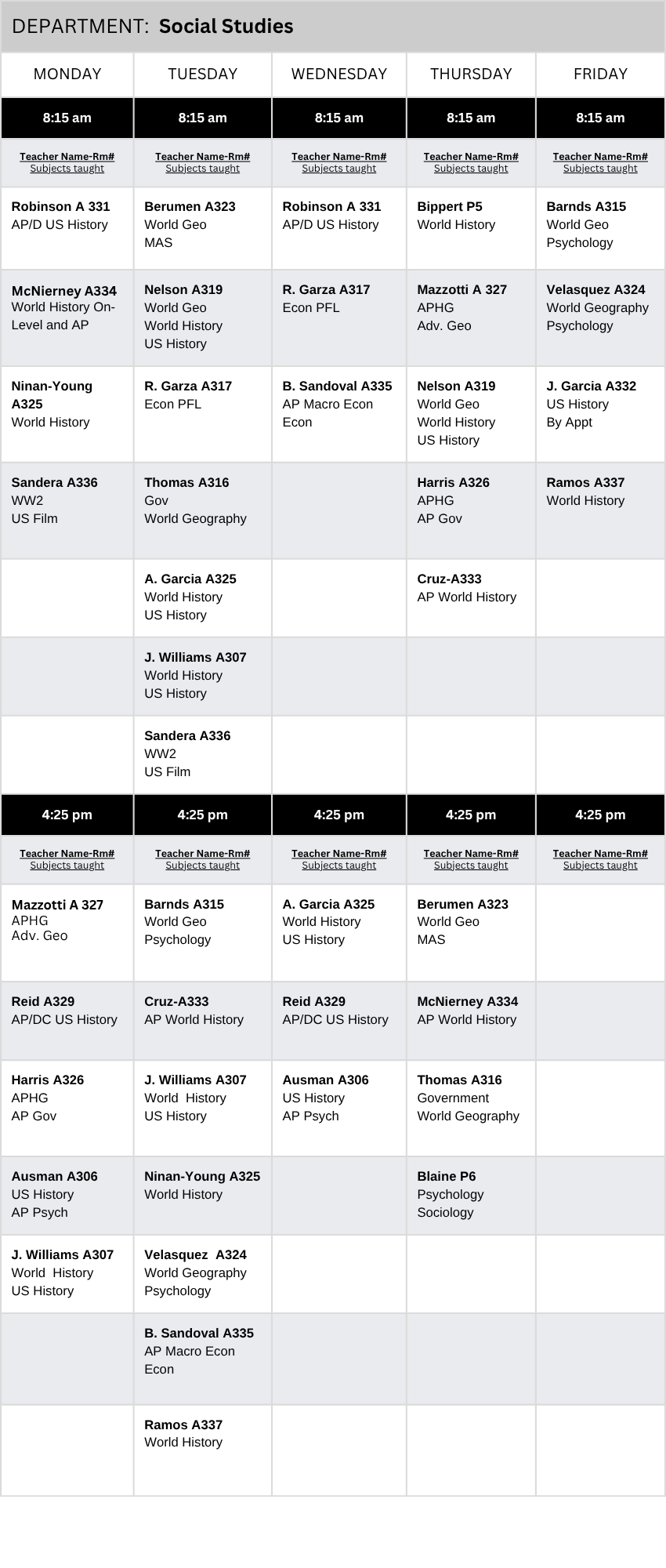 Social Studies Tutoring Schedule