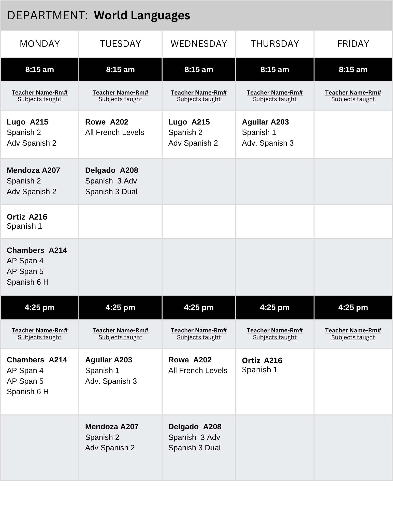 World Languages Tutoring Schedule