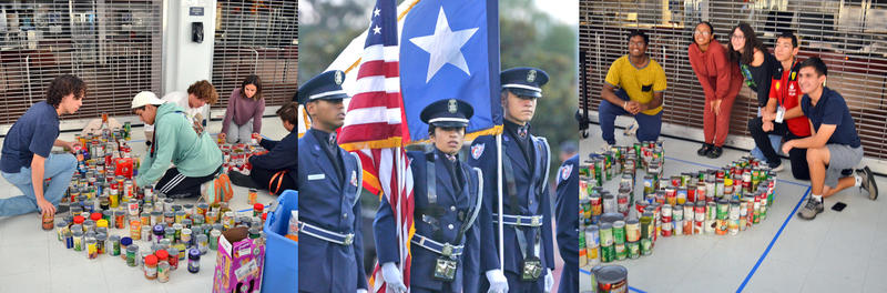 pictures of ROTC students standing with a flag , students collecting canned food 