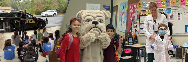 Photos showing Police educating children, Bulldog mascot, and nurse 