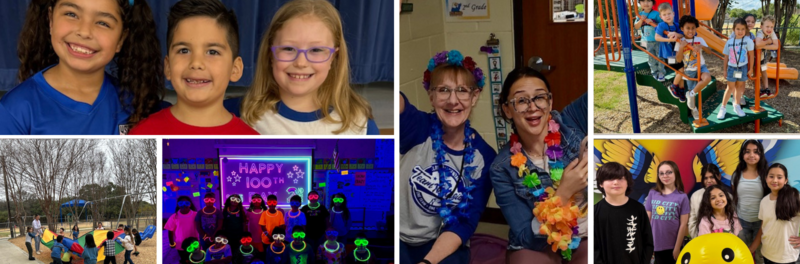 Students of Elrod Elementary: Before a concert, in the play ground, Happy 100th Day of School, Teachers, Student Council-Duck Derby