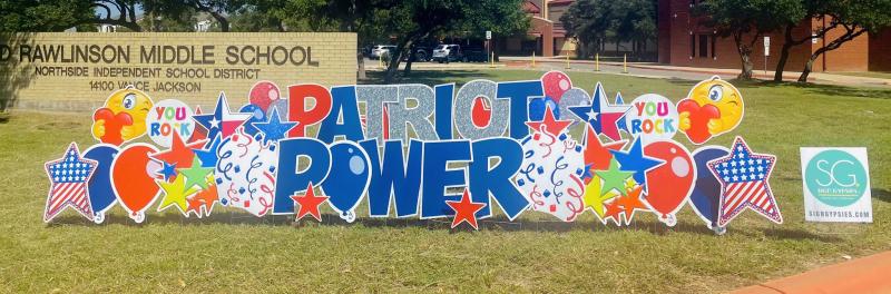 Front of Rawlinson (patriot power sign)