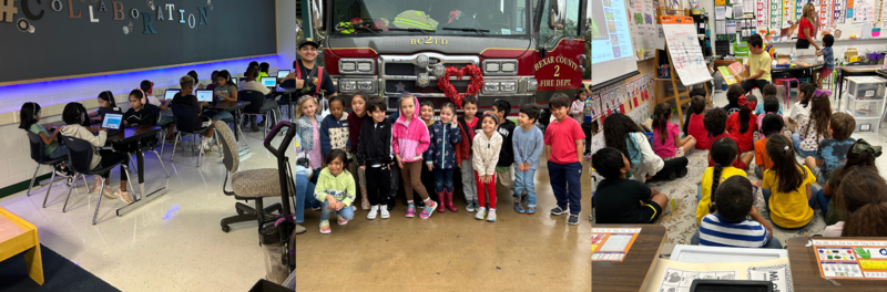 A collage of students on their chromebooks, standing in front of a fire truck, and listening to a story. 