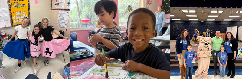Pic Collage of students participating in sock hop, enjoying time painting in art class and Helotes Bulldog Mascot along with school admin and superintendent with students and cheerleaders at heart strong rally 