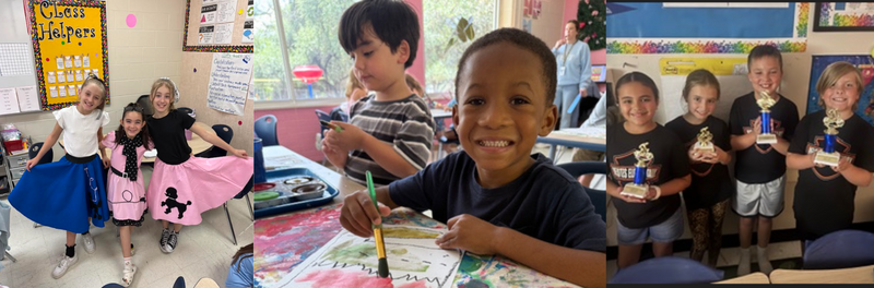 Pic Collage of students participating in sock hop, enjoying time painting in art class and Helotes Bulldog Bike Rodeo winners