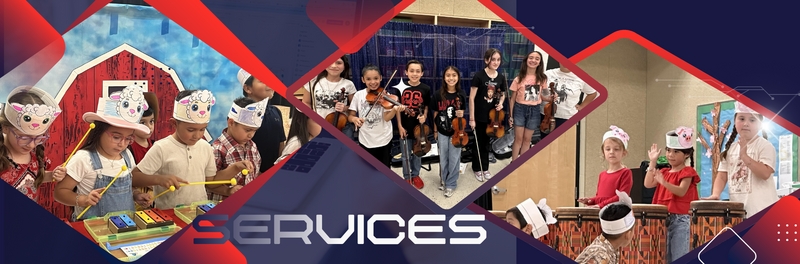 Services banner for Mora Elementary featuring a collage of students in music classes playing xylophones, violins, and drums, with the word 'SERVICES' overlaid on a blue and red geometric background.