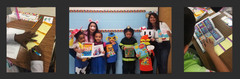 Students doing classwork and participating in character book parade