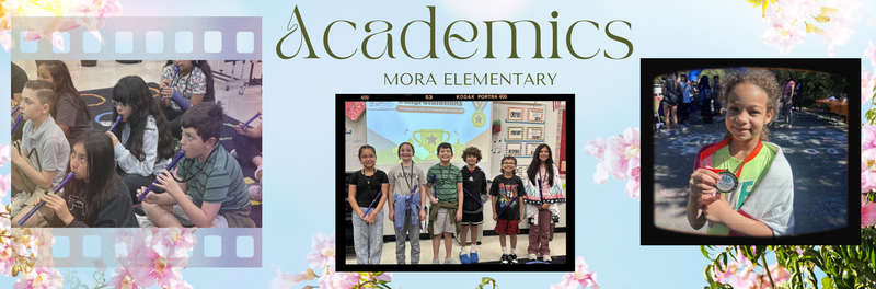 Academics banner pictures of students in music class and student wining a medal in their 5k