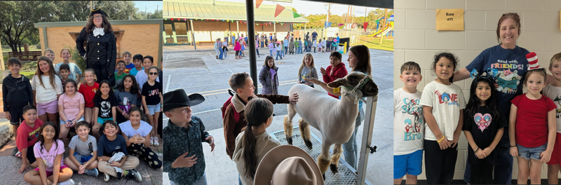 Pic Collage students learning through living history, petting farm animals and Helotes students and teacher celebrating reading by dressing up like Cat in the Hat