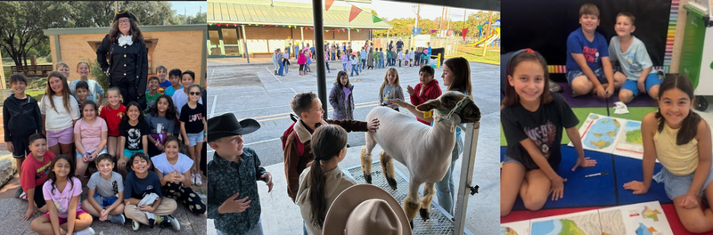 Pic Collage students learning through living history, petting farm animals and discovery our planet through Geography