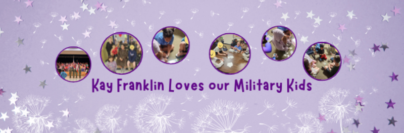 MIlitary kids at there meetings with counselor and purple background celebrating them.