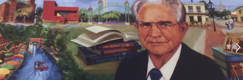 mural of Ralph Langley with San Antonio and books in the background