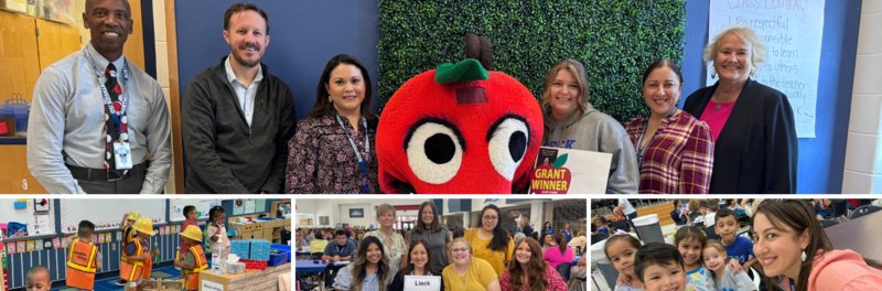 Board members and admin present grants to new teachers, students learn through play, new teachers join Lieck staff, Principal Jess Garza enjoys lunch with Kindergarten students