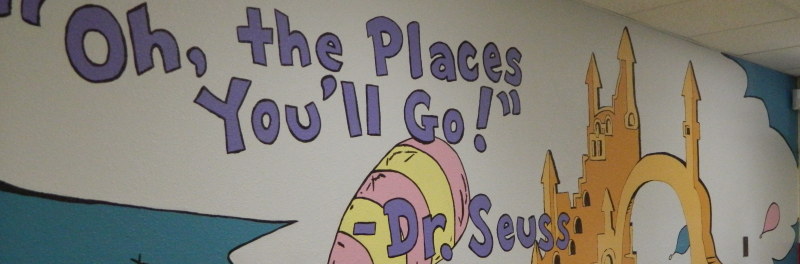 Painting on Wall of Book Cover, "Oh the Places You'll Go!"