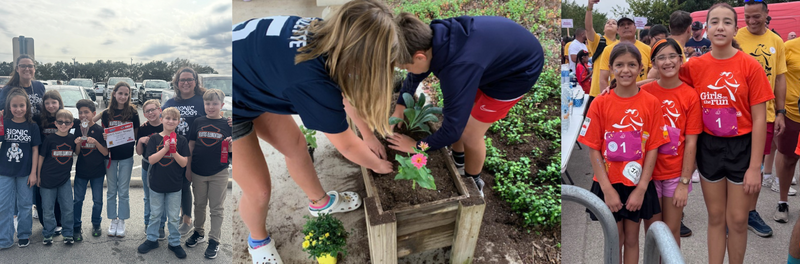 Pic Collage of the Bionic Bulldogs celebrating their awards, Helotes Bulldogs participating in the Acorn Club planting flowers to beautify campus and Girls On The Run getting ready for a race