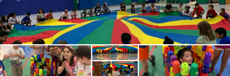 Pic collage of Beard Elementary students enjoying activities with parachutes in PE as well as some cup stacking shenanigans