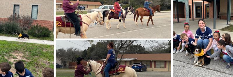 Pic Collage of Trail Riders passing in front of Helotes Elementary and their cattle dog Bandit exploring our school and visiting staff and students