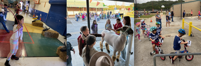 Pic Collage students roping haybale cows, petting farm animals and competing in the bike rodeo