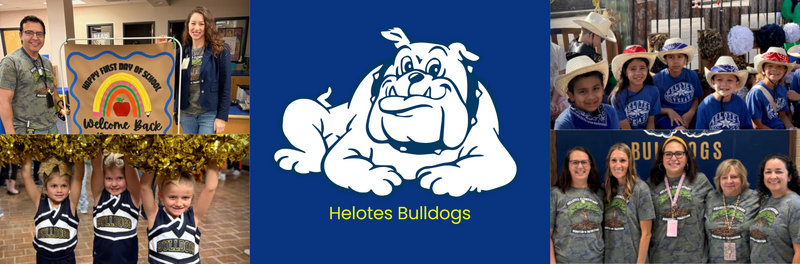 Photo of Students with Principal, Staff, Bull Dog Logo
