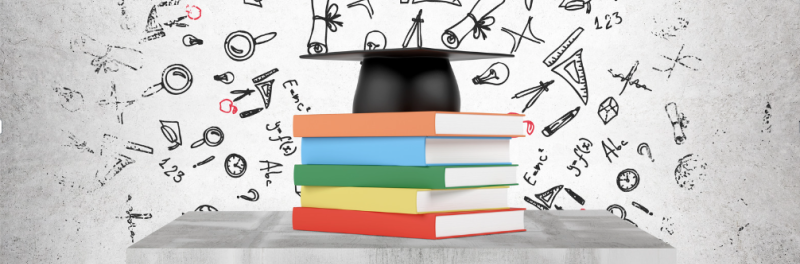 Graphic showing a stack of colorful books, a black graduation cap with a black and white backround
