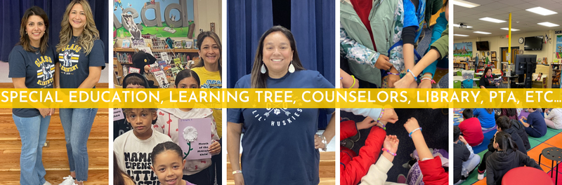 displaying pictures, of staff members interacting with students, school counselors and library services
