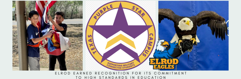 Students raising the flag, Texas Purple Star Campus-Supporting military connected studnets, Elrod has a SeaWorld visitor-a bald eagle 