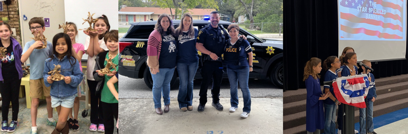 Pic Collage of students showing off the trees they created, Admin with Helotes Police Officer and Bulldogs leading students in the pledge