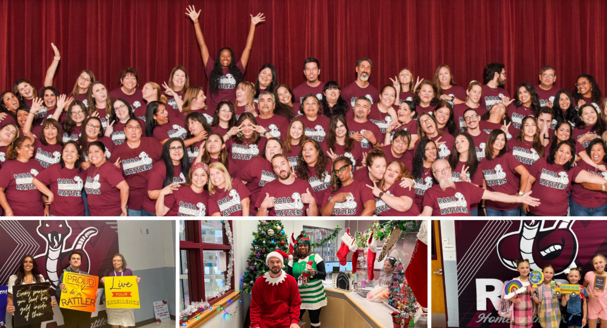 Raba Staff being silly, new staff and students glad to be at Raba, center picture of Principal and Associate Principal as elves