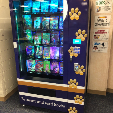 Front of Helotes Book Vending Machine full of books