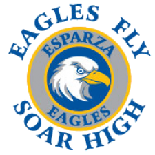 school logo of a bald eagles head with the words saying esparza eagles fly soar high