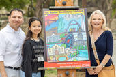 Forester Elementary School: Art Teacher Jesus Rosales, Isabella Gomez, and Principal Kelly Mantle